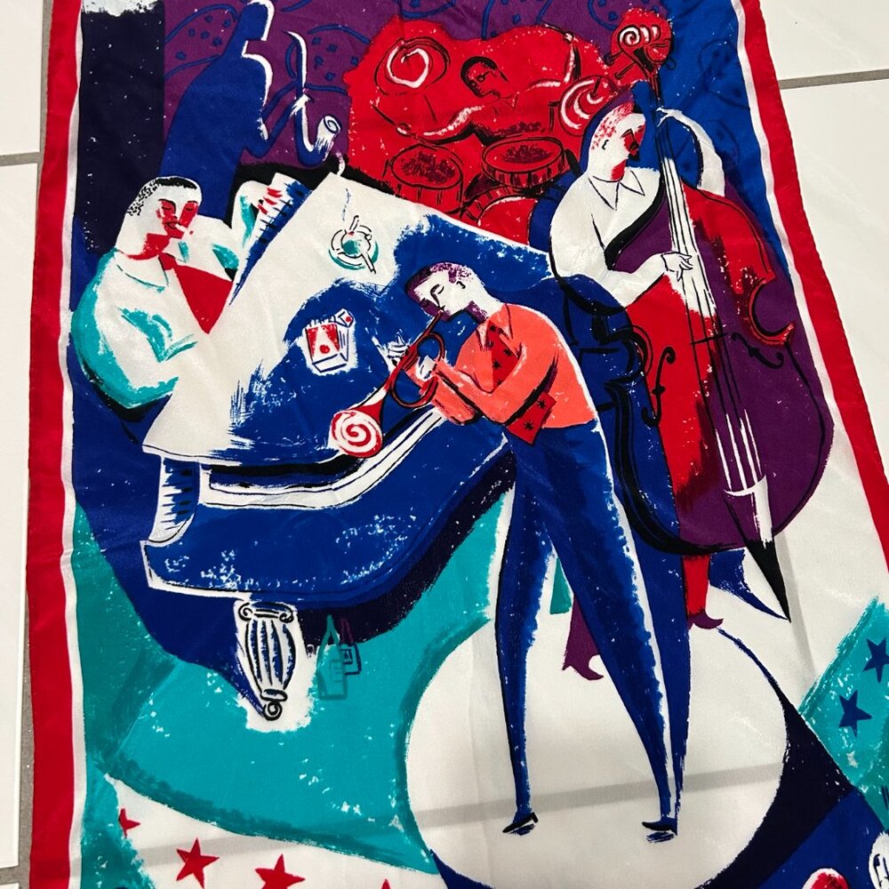 Vtg Perry Ellis Silk Scarf Jazz Music Theme Piano Trumpet Long Rectangle